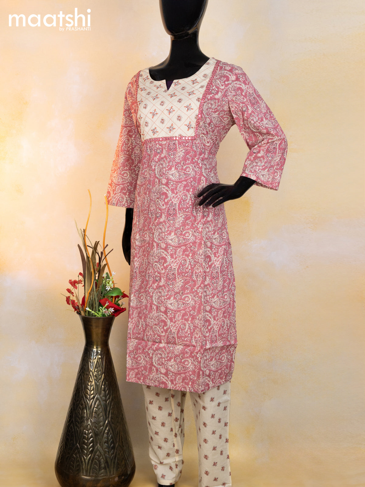 Cotton readymade salwar suit pastel pink and cream with allover prints & embroidery sequin work neck pattern and bottom & cotton dupatta