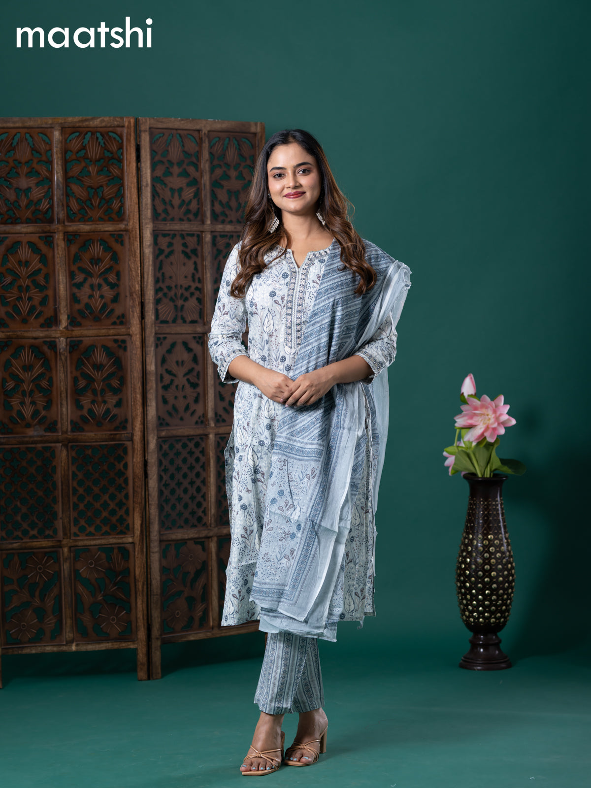 Cotton readymade salwar suit grey and greyish blue with allover prints & embroidery mirror work neck pattern and bottom & cotton dupatta