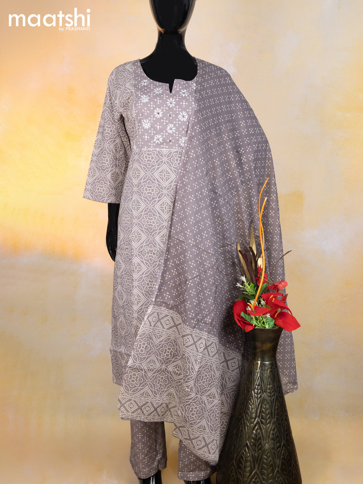 Cotton readymade salwar suit grey and beige with allover bandhani prints & embroidery sequin work neck pattern and bottom & cotton dupatta