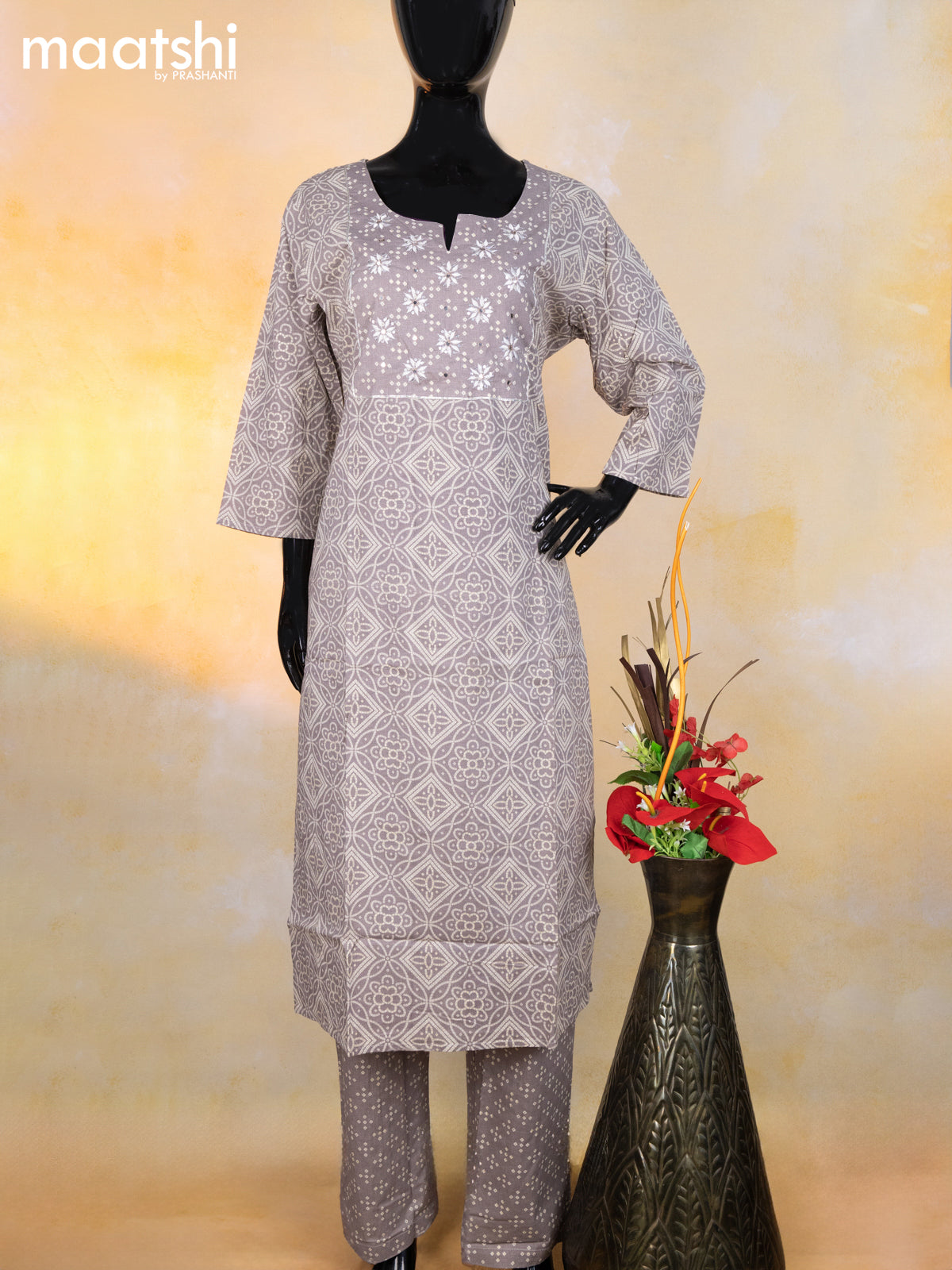 Cotton readymade salwar suit grey and beige with allover bandhani prin Maatshi