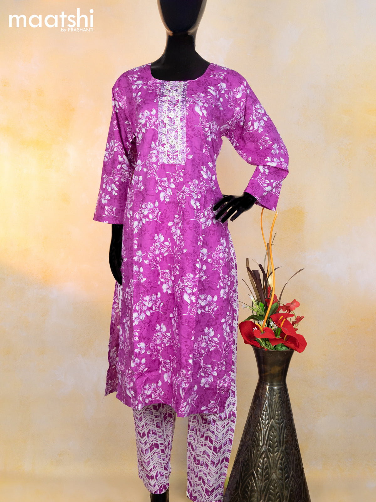 Cotton readymade salwar suit magenta pink and off white with allover floral prints & embroidery mirror work neck pattern and bottom & cotton dupatta