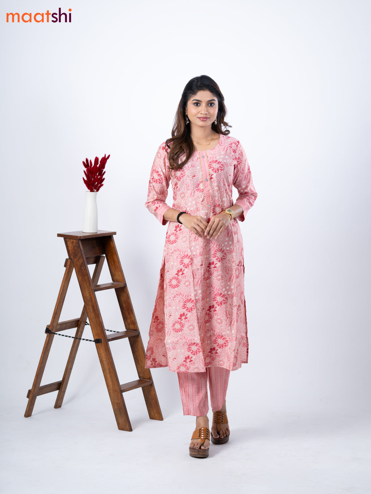 Modal kurti set pastel pink with allover floral prints & gota patti lace wok neck pattern and straight cut pant