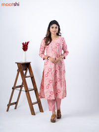 Modal kurti set pastel pink with allover floral prints & gota patti lace wok neck pattern and straight cut pant