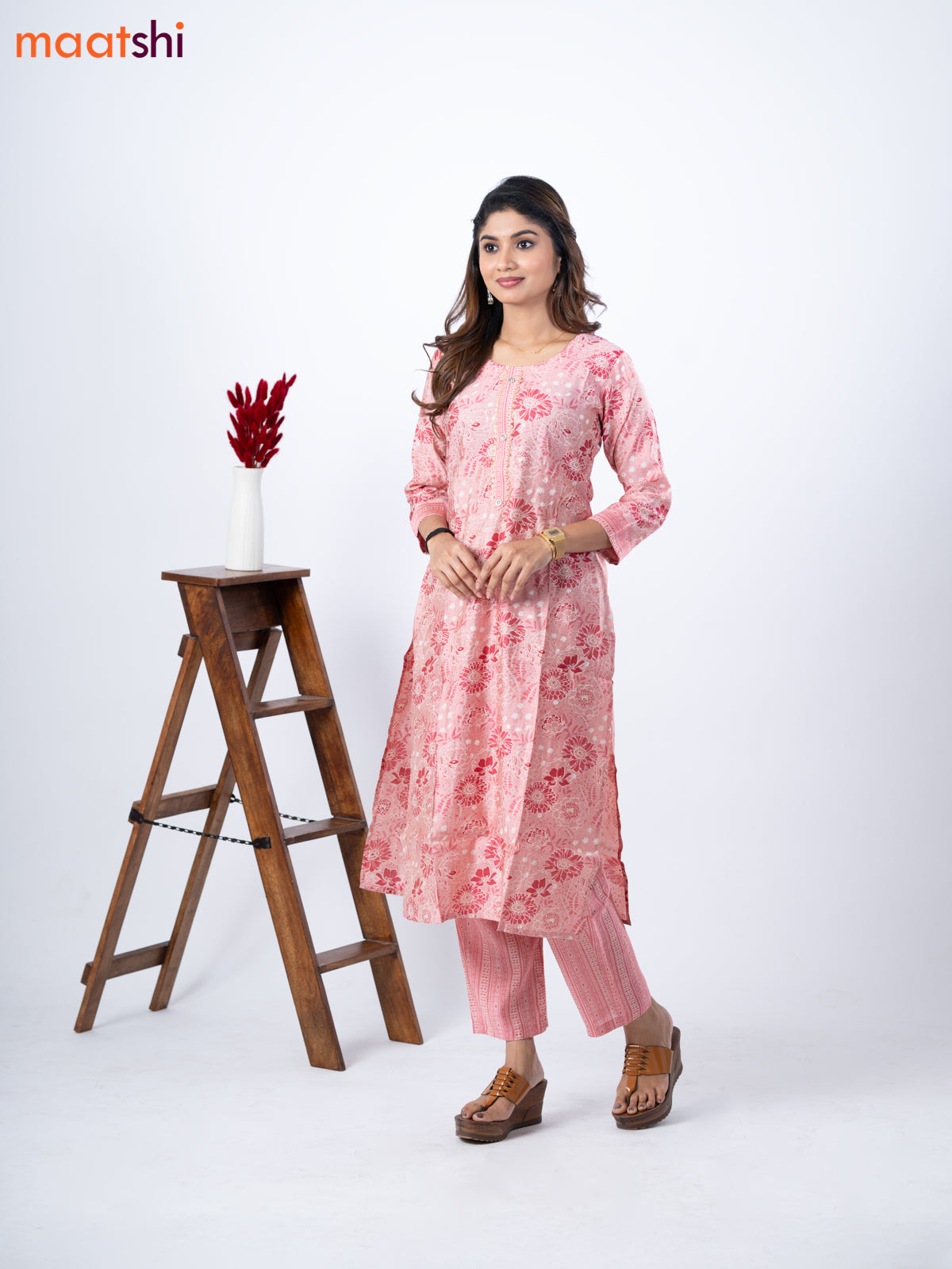 Modal kurti set pastel pink with allover floral prints & gota patti lace wok neck pattern and straight cut pant