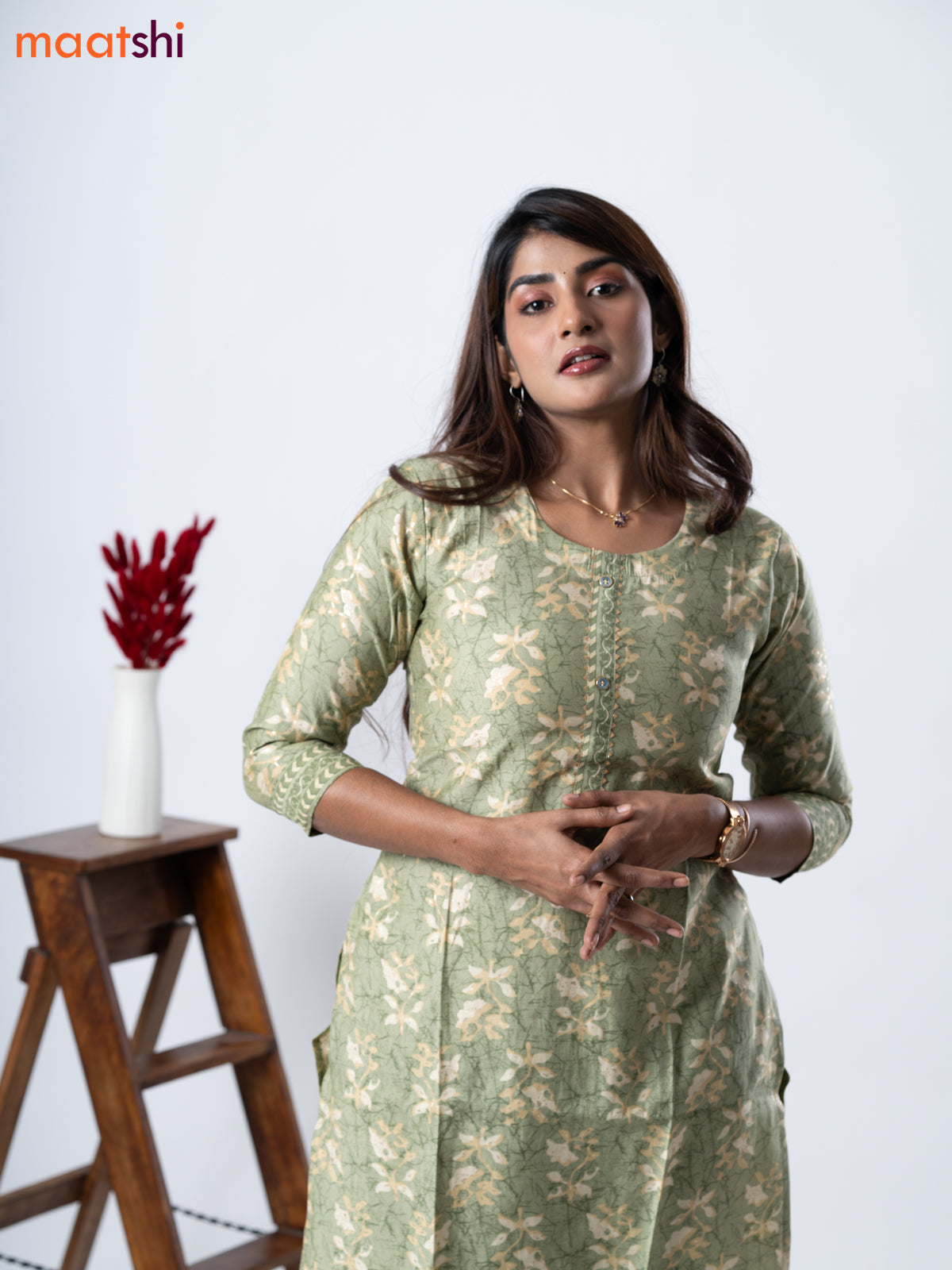 Modal kurti set pastel green and beige with allover prints & gota patti lace wok neck pattern and straight cut pant