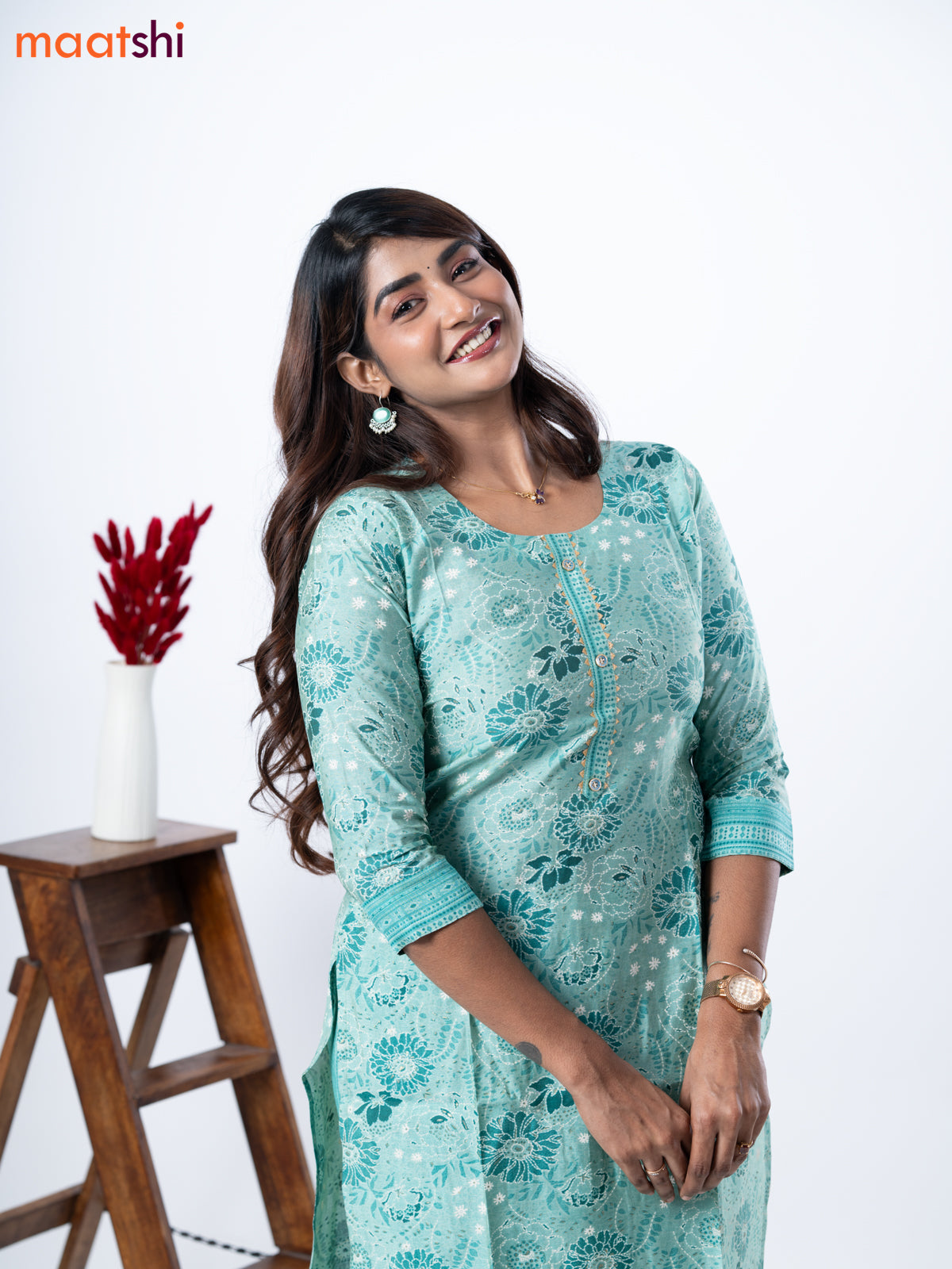 Modal kurti set teal blue shade with allover floral prints & gota patti lace wok neck pattern and straight cut pant