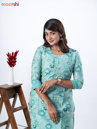 Modal kurti set teal blue shade with allover floral prints & gota patti lace wok neck pattern and straight cut pant