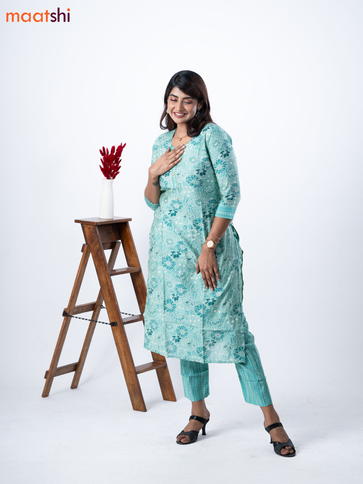 Modal kurti set teal blue shade with allover floral prints & gota patti lace wok neck pattern and straight cut pant