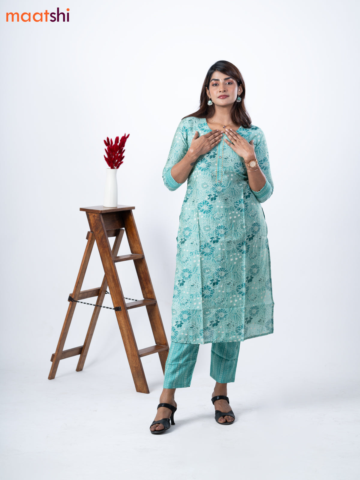 Modal kurti set teal blue shade with allover floral prints & gota patti lace wok neck pattern and straight cut pant