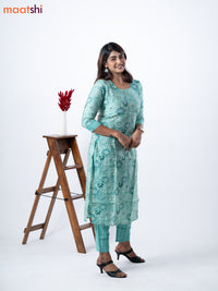 Modal kurti set teal blue shade with allover floral prints & gota patti lace wok neck pattern and straight cut pant