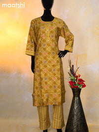 Modal readymade kurti set mustard shade with allover prints & gota patti lace wok neck pattern and straight cut pant