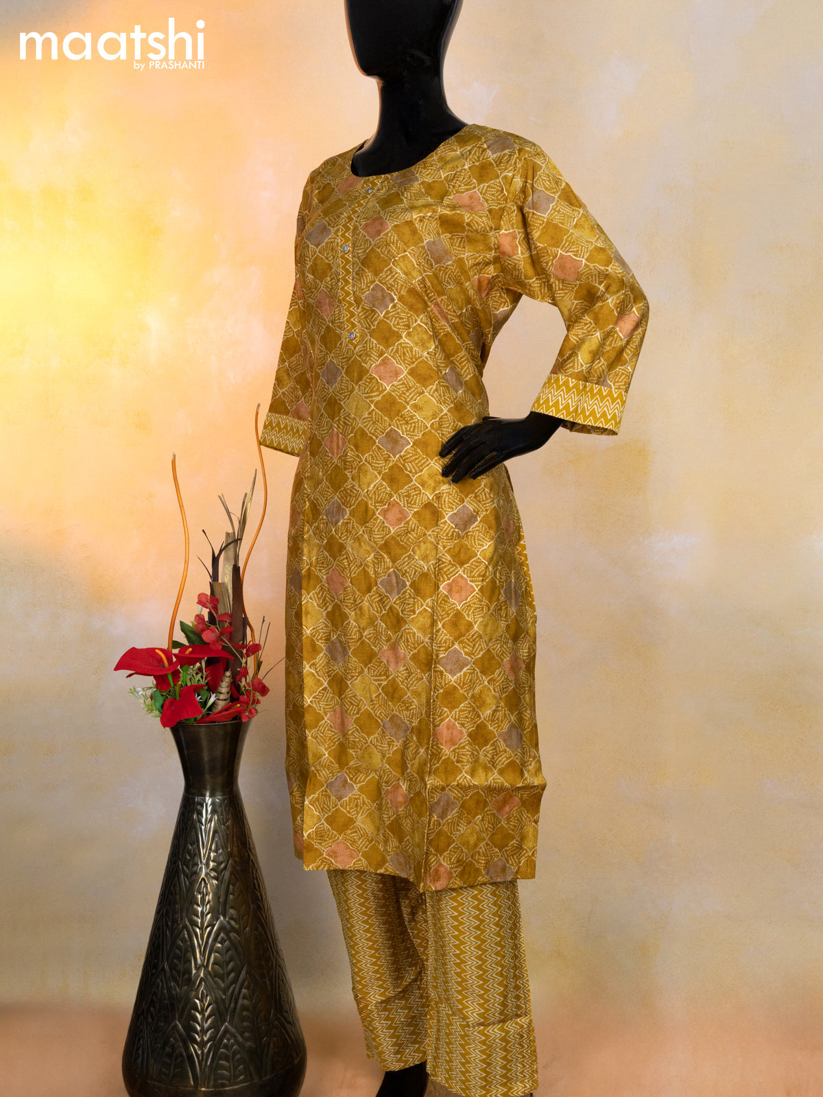 Modal readymade kurti set mustard shade with allover prints & gota patti lace wok neck pattern and straight cut pant