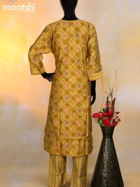 Modal readymade kurti set mustard shade with allover prints & gota patti lace wok neck pattern and straight cut pant