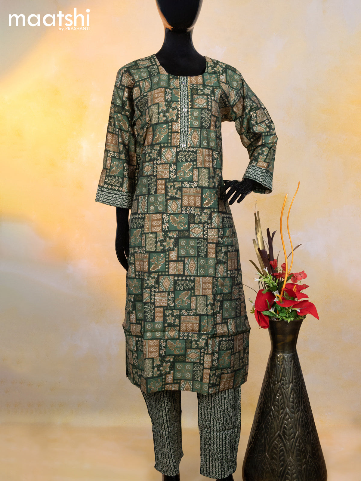 Modal readymade kurti set dark green and beige with allover prints & gota patti lace wok neck pattern and straight cut pant