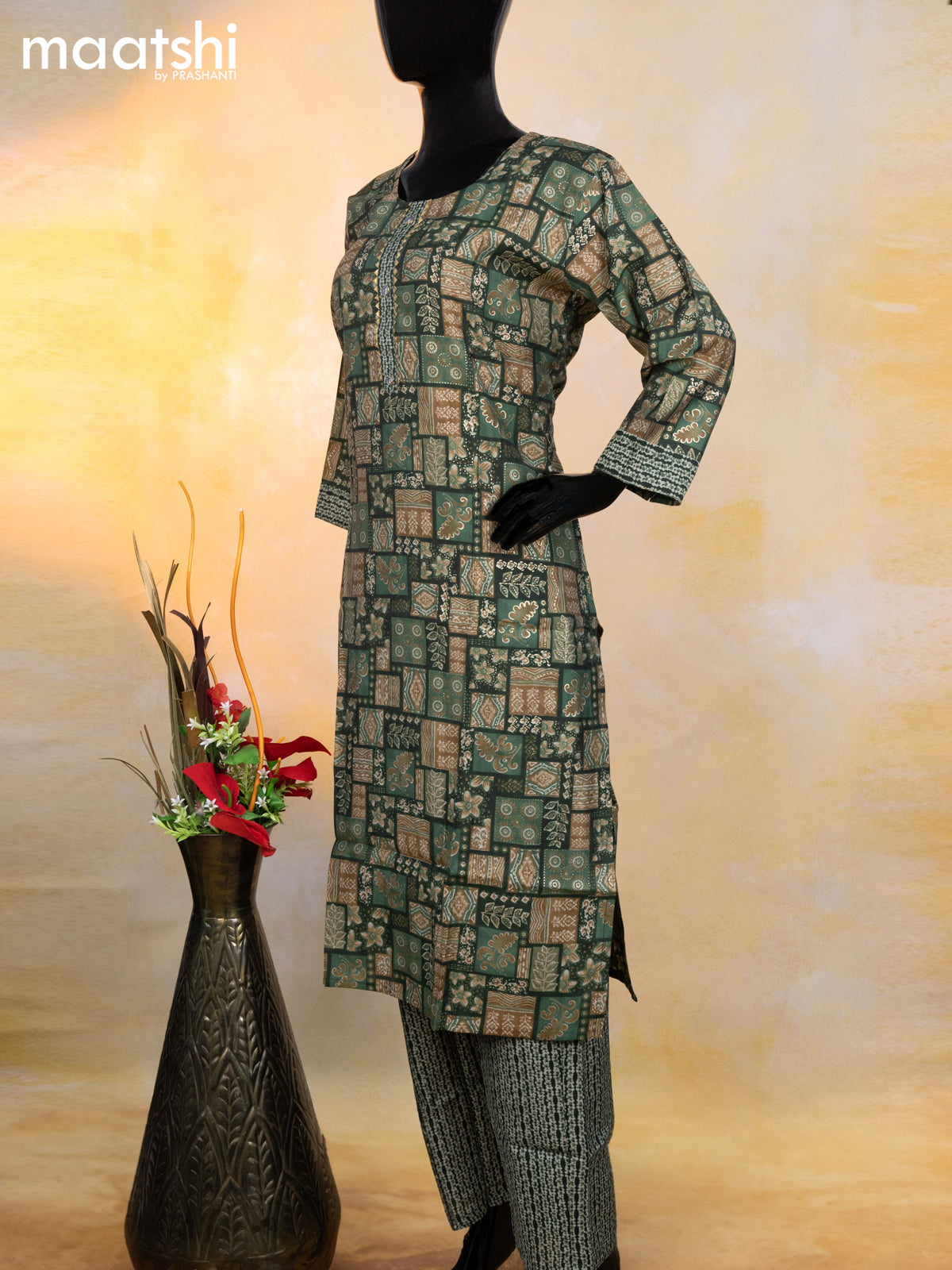 Modal readymade kurti set dark green and beige with allover prints & gota patti lace wok neck pattern and straight cut pant