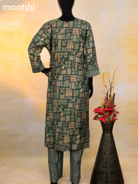 Modal readymade kurti set dark green and beige with allover prints & gota patti lace wok neck pattern and straight cut pant