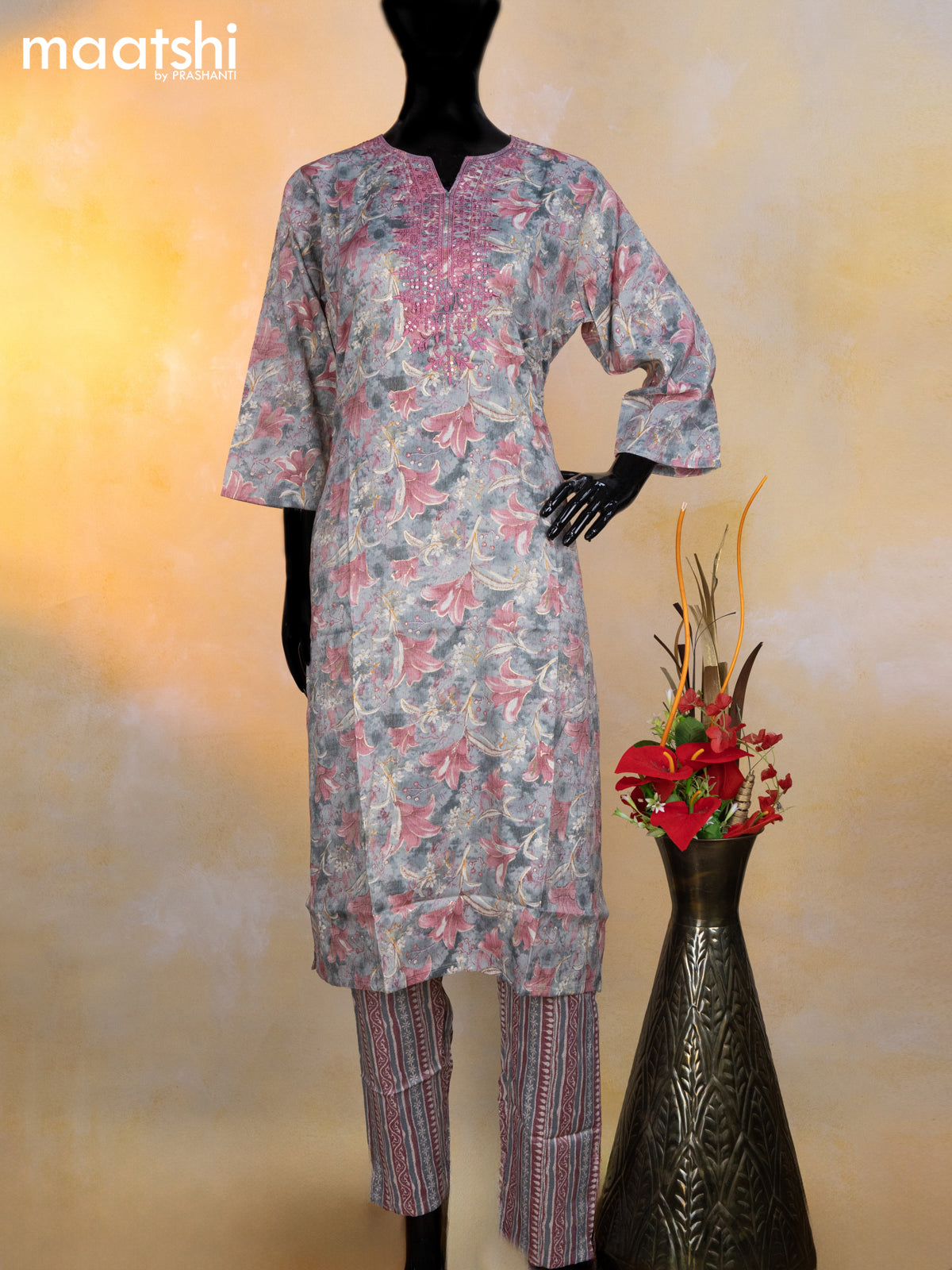 Rayon readymade kurti set grey and pastel pink with allover floral prints & embroidery sequin work neck pattern and straight cut pant