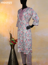 Rayon readymade kurti set grey and pastel pink with allover floral prints & embroidery sequin work neck pattern and straight cut pant