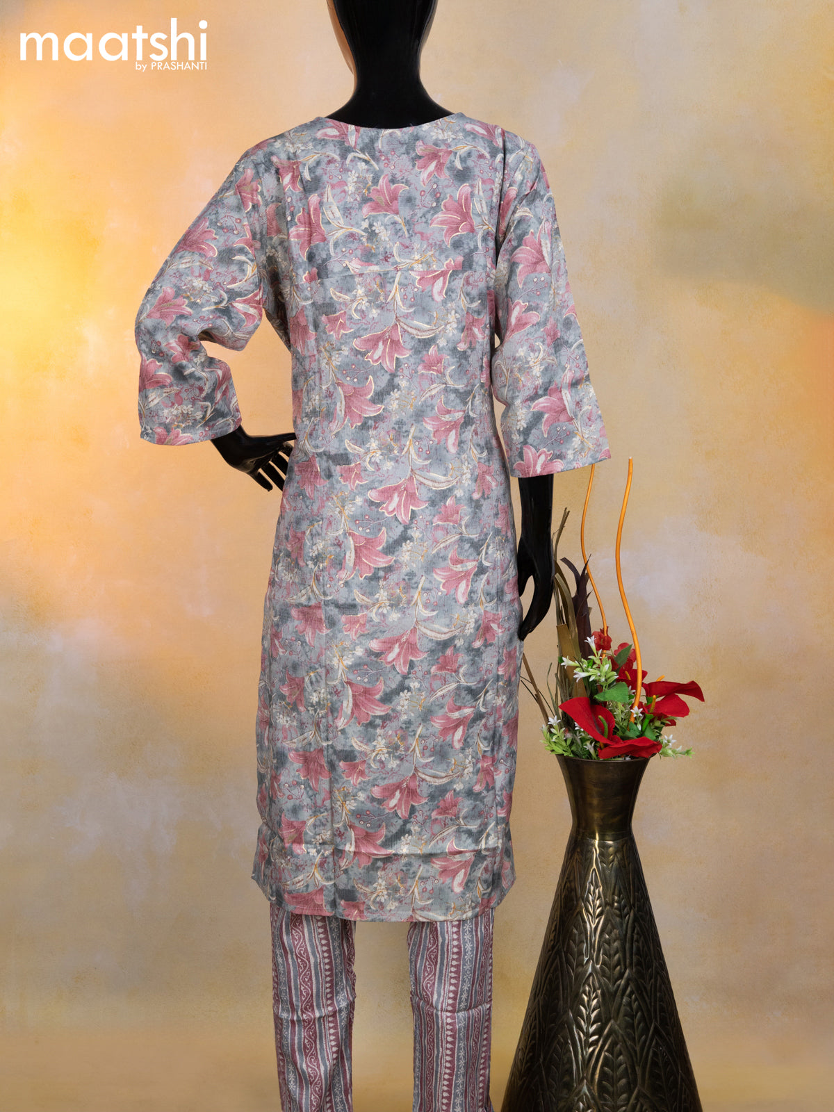 Rayon readymade kurti set grey and pastel pink with allover floral prints & embroidery sequin work neck pattern and straight cut pant