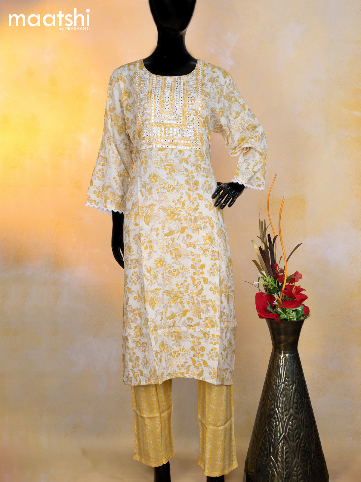 Rayon readymade kurti set cream and yellow with allover floral prints & embroidery mirror work neck pattern and straight cut pant