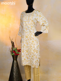 Rayon readymade kurti set cream and yellow with allover floral prints & embroidery mirror work neck pattern and straight cut pant