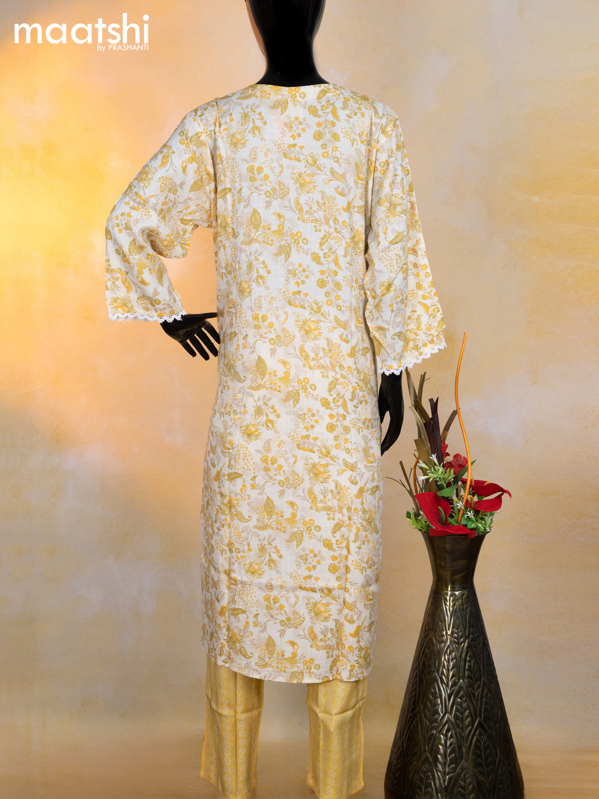 Rayon readymade kurti set cream and yellow with allover floral prints & embroidery mirror work neck pattern and straight cut pant