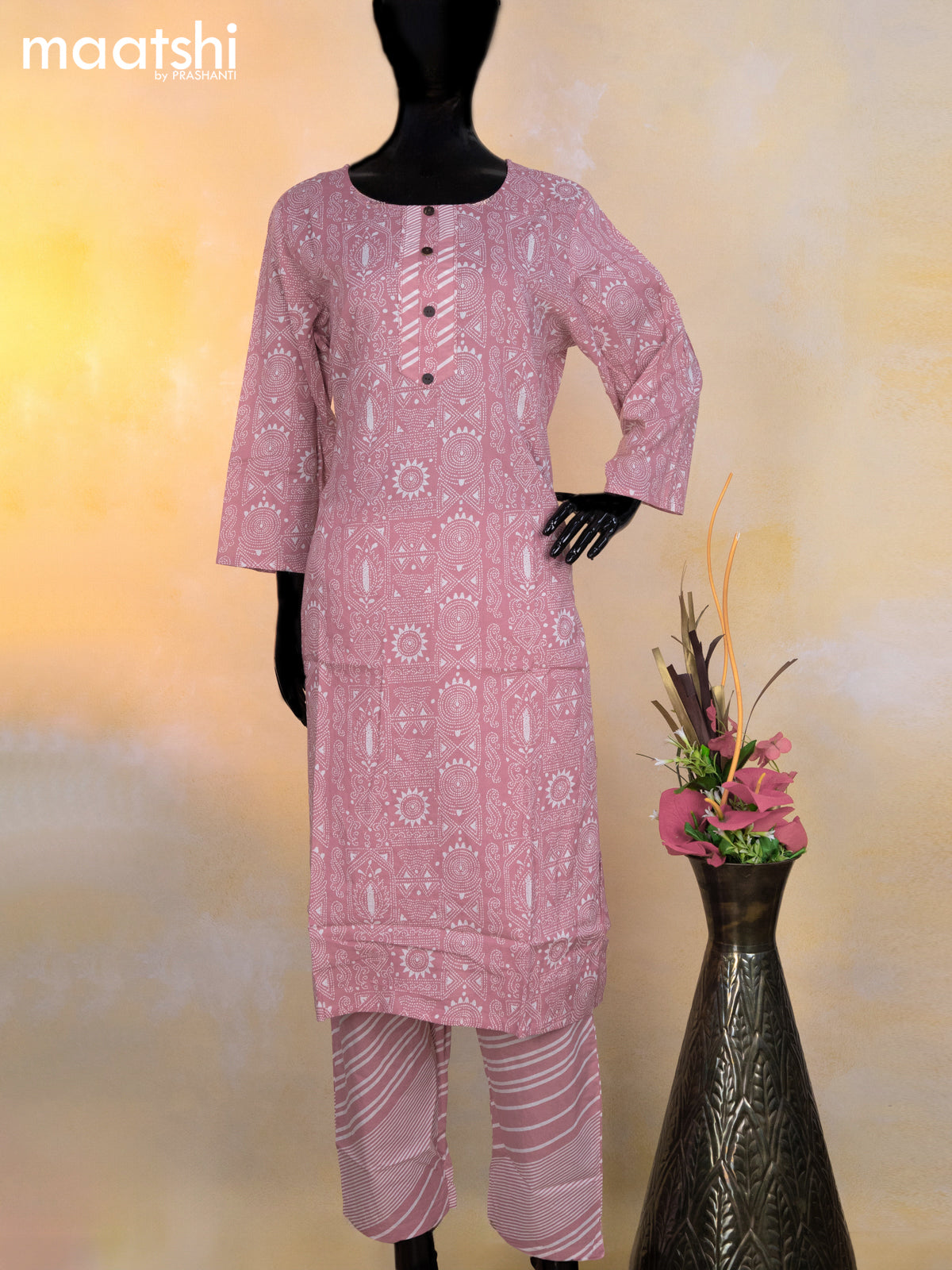 Cotton readymade kurti set pastel pink and off white with allover prints & simple neck pattern and straight cut pant