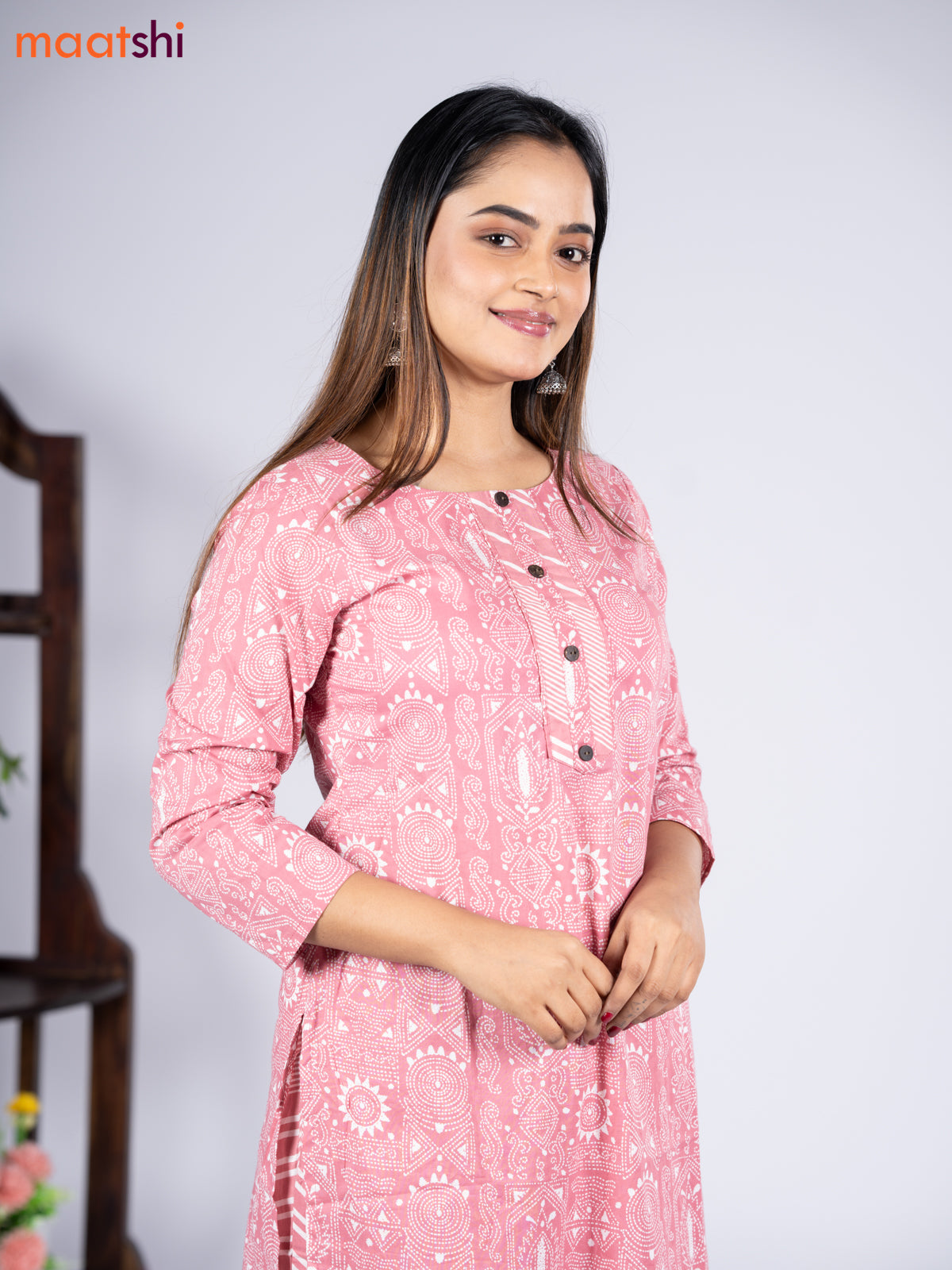 Cotton readymade kurti set pastel pink and off white with allover prints & simple neck pattern and straight cut pant