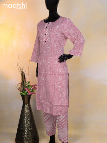 Cotton readymade kurti set pastel pink and off white with allover prints & simple neck pattern and straight cut pant