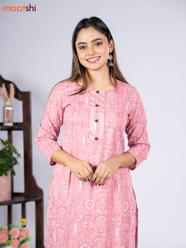 Cotton readymade kurti set pastel pink and off white with allover prints & simple neck pattern and straight cut pant