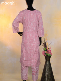 Cotton readymade kurti set pastel pink and off white with allover prints & simple neck pattern and straight cut pant