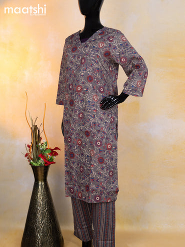 Cotton readymade kurti set grey with allover floral prints & simple v neck pattern and straight cut pant