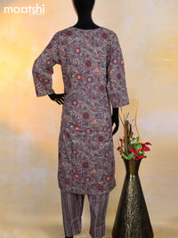 Cotton readymade kurti set grey with allover floral prints & simple v neck pattern and straight cut pant