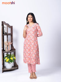 Rayon readymade kurti set peach pink with allover prints & embroidery work v neck pattern and straight cut pant