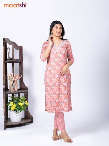 Rayon readymade kurti set peach pink with allover prints & embroidery work v neck pattern and straight cut pant