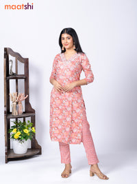 Rayon readymade kurti set peach pink with allover prints & embroidery work v neck pattern and straight cut pant