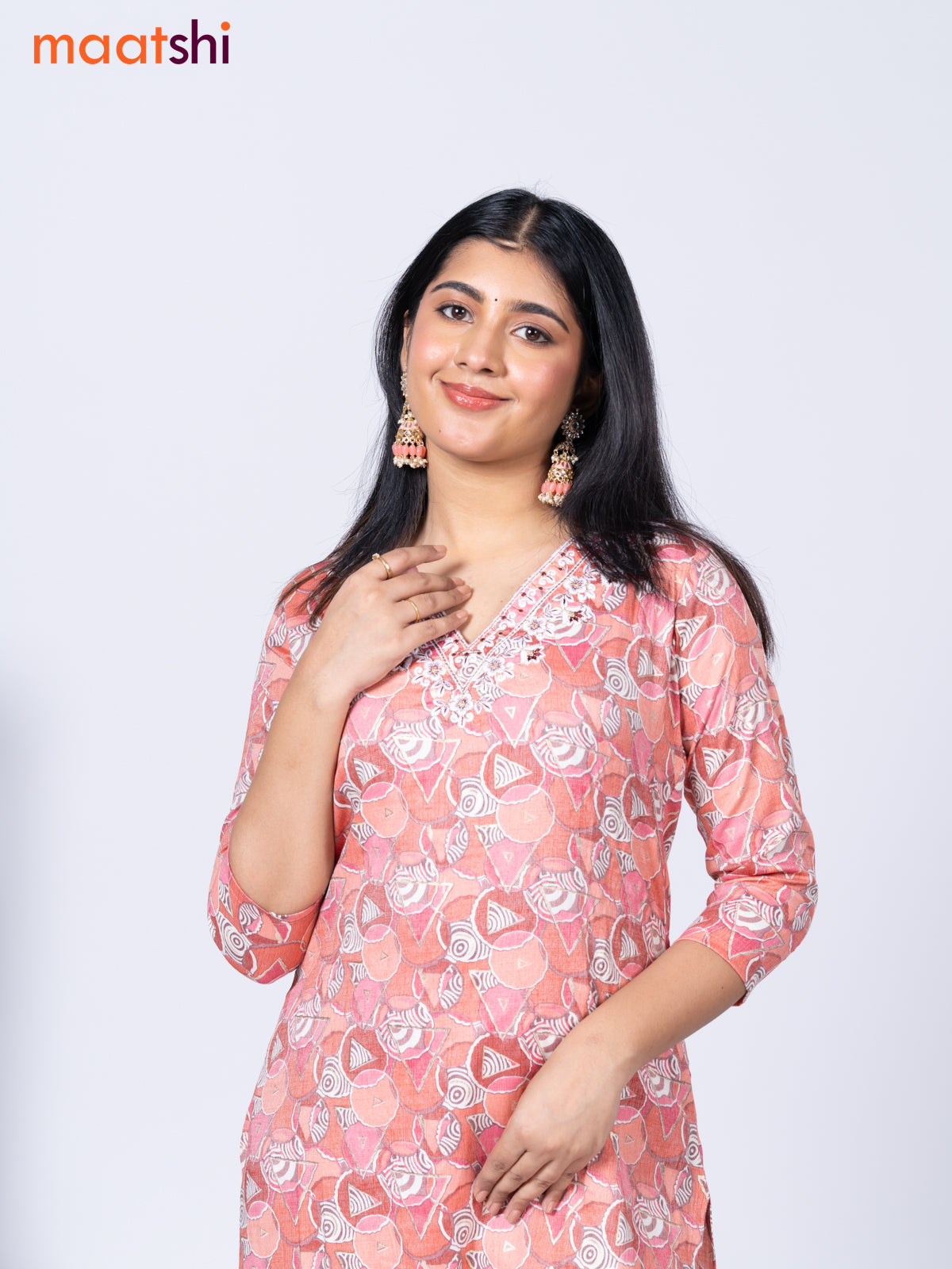 Rayon readymade kurti set peach pink with allover prints & embroidery work v neck pattern and straight cut pant