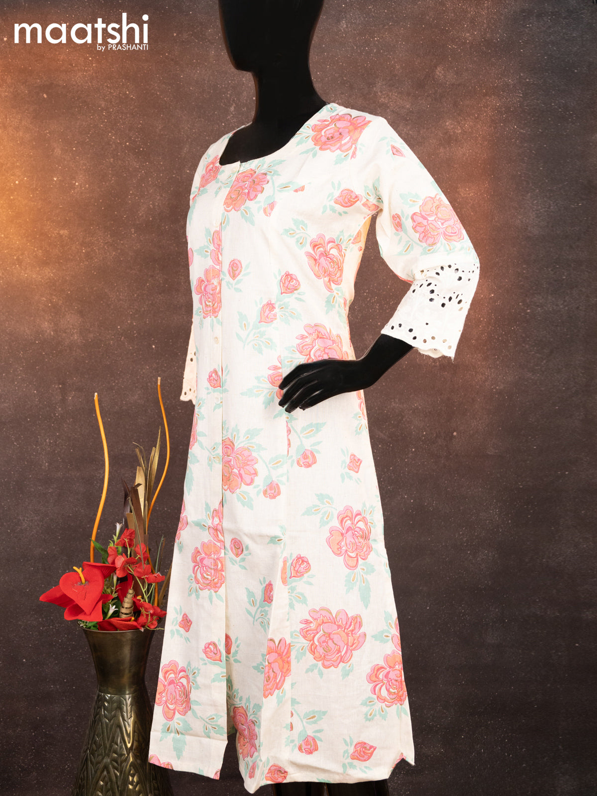 Cotton readymade A-line kurti off white and pink with allover floral prints & simple neck pattern without pant