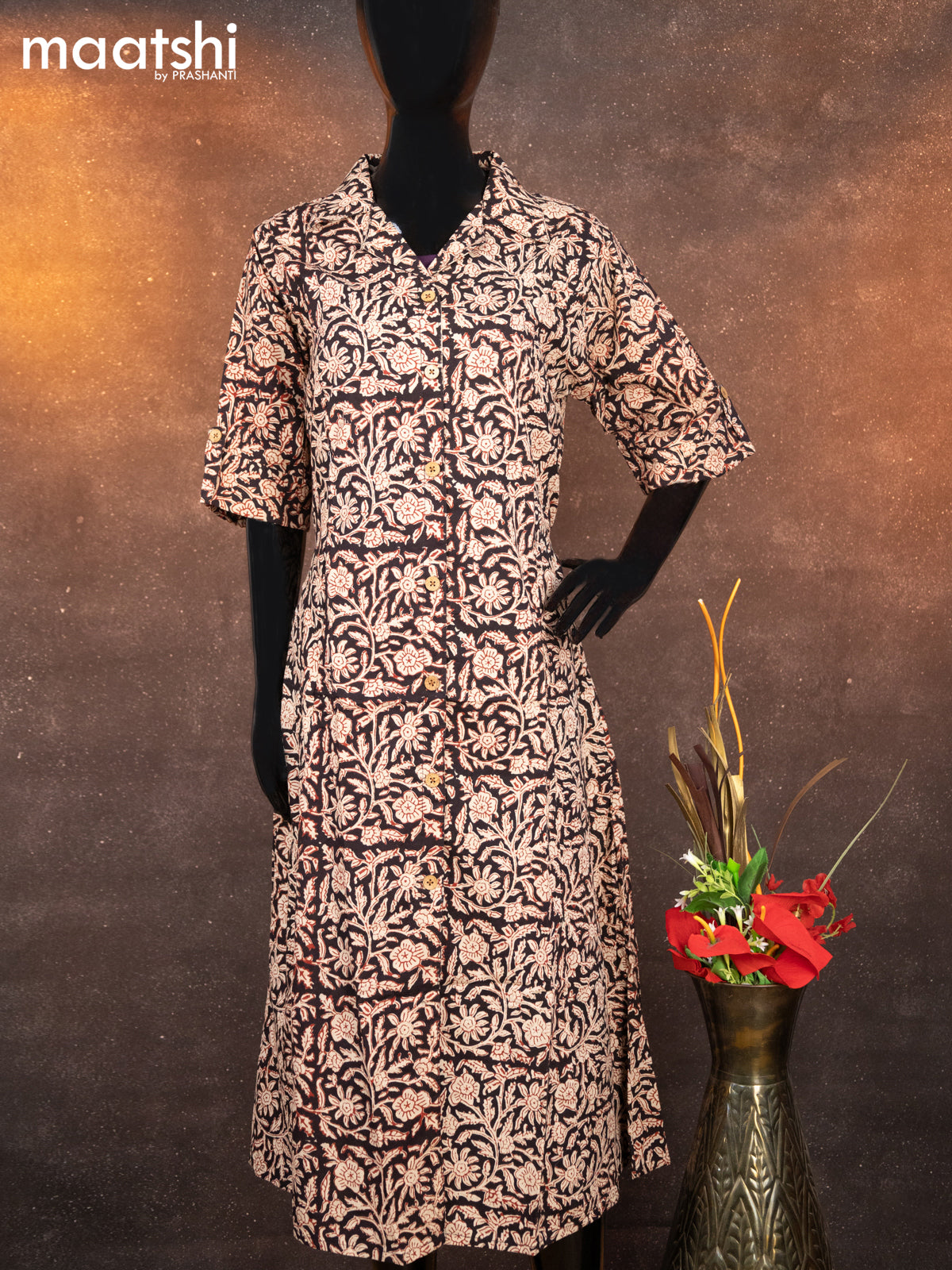 Cotton readymade A-line kurti black and beige with allover kalamkari prints & simple neck pattern without pant