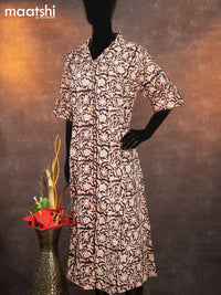 Cotton readymade A-line kurti black and beige with allover kalamkari prints & simple neck pattern without pant