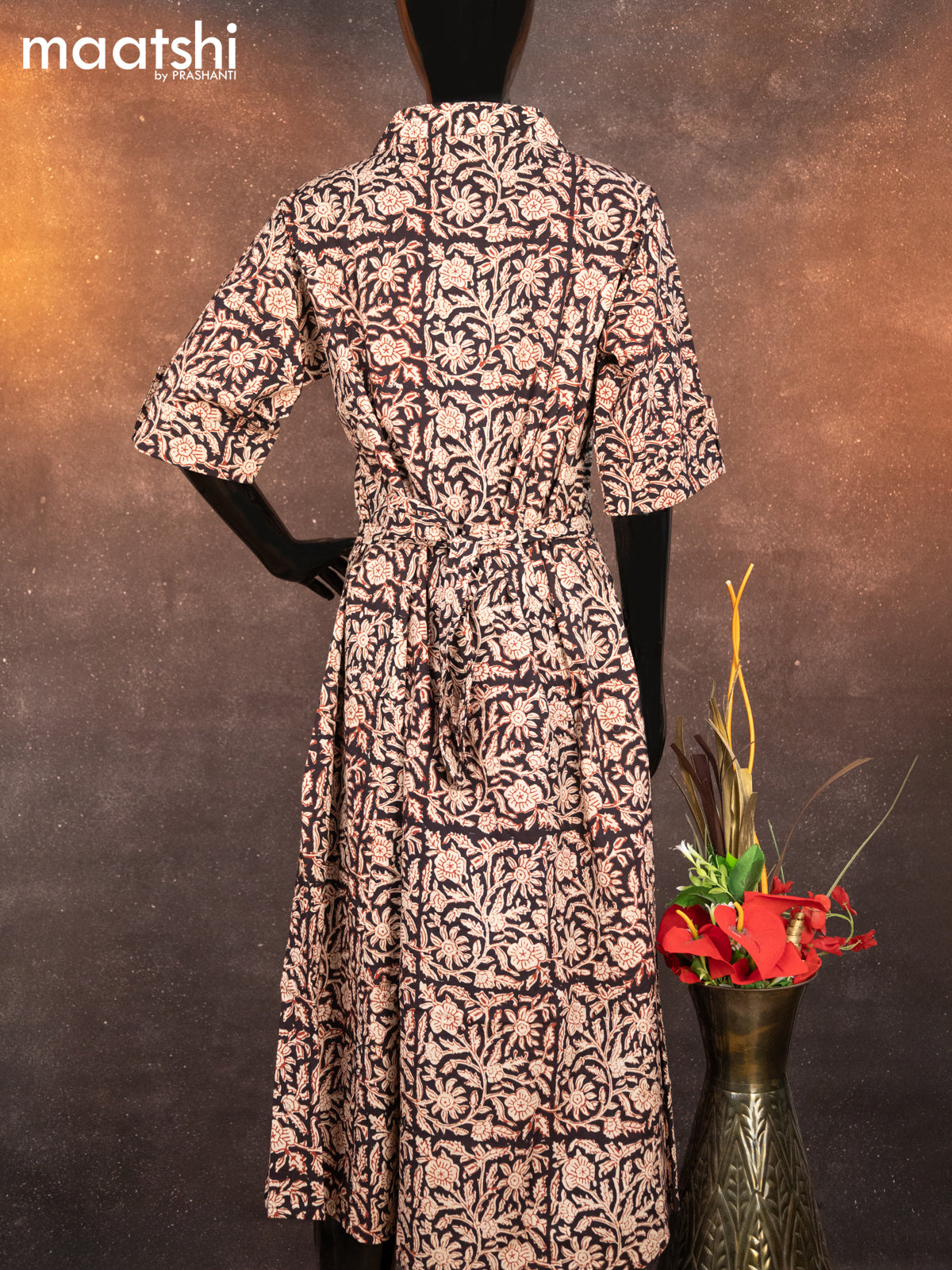 Cotton readymade A-line kurti black and beige with allover kalamkari prints & simple neck pattern without pant