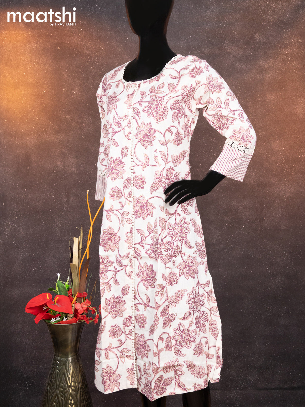 Cotton readymade A-line kurti off white and peach pink with allover floral prints & crocia lace work neck pattern without pant