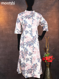 Cotton readymade A-line kurti off white and dark peacock blue with allover floral prints & simple neck pattern without pant