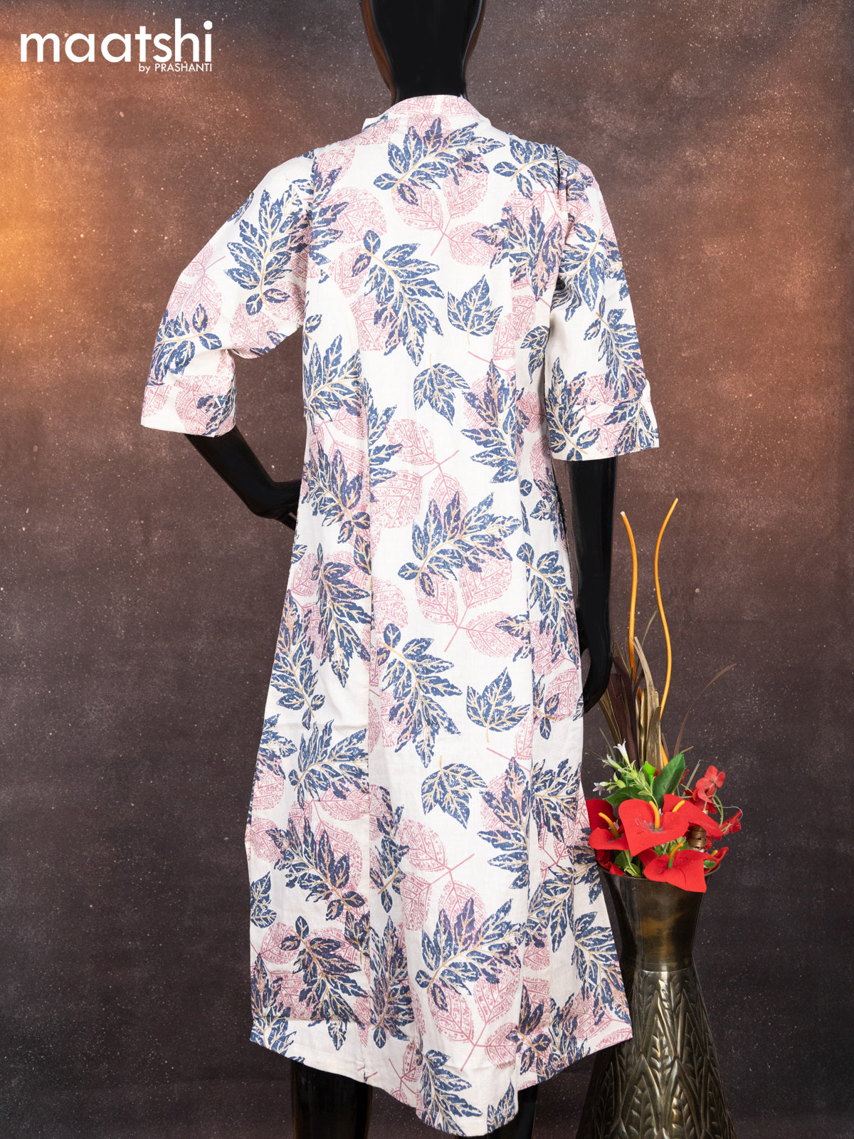 Cotton readymade A-line kurti off white and dark peacock blue with allover floral prints & simple neck pattern without pant