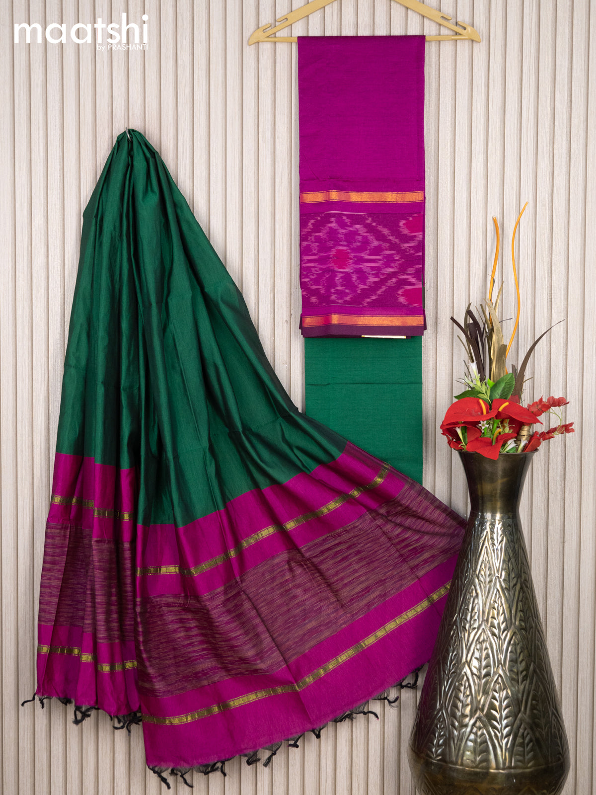 Ikat cotton dress material magenta pink and green with plain body & ikat woven zari border and bottom & dupatta