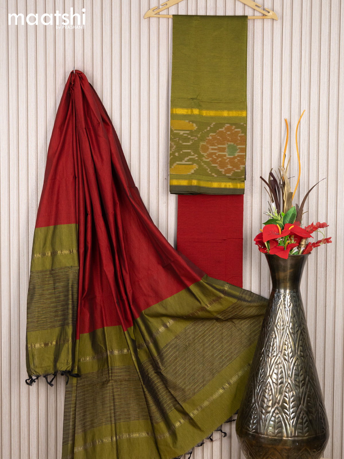 Ikat cotton dress material mehendi green and maroon with plain body & ikat woven zari border and bottom & dupatta