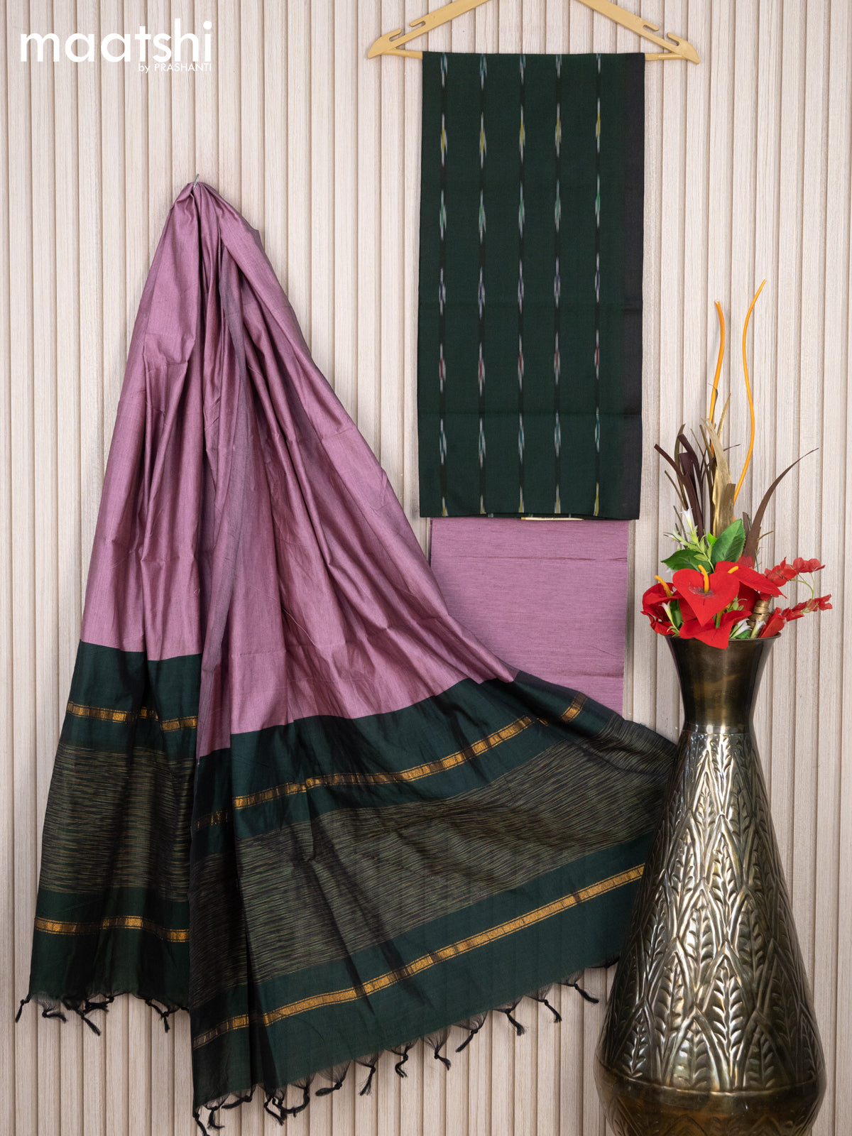 Ikat cotton dress material dark green and mauve pink with allover ikat weaves and bottom & dupatta