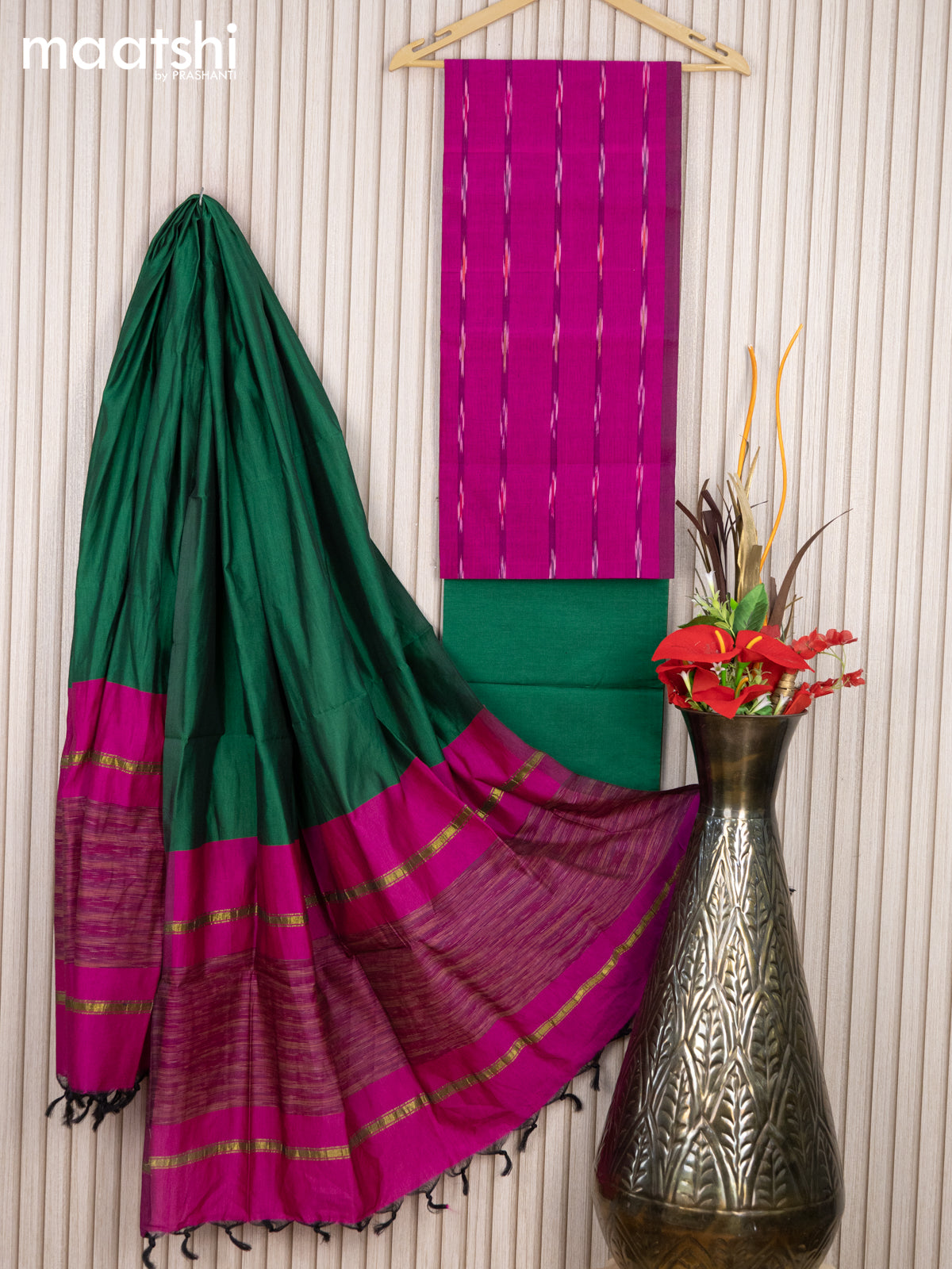 Ikat cotton dress material magenta pink and green with allover ikat weaves and bottom & dupatta