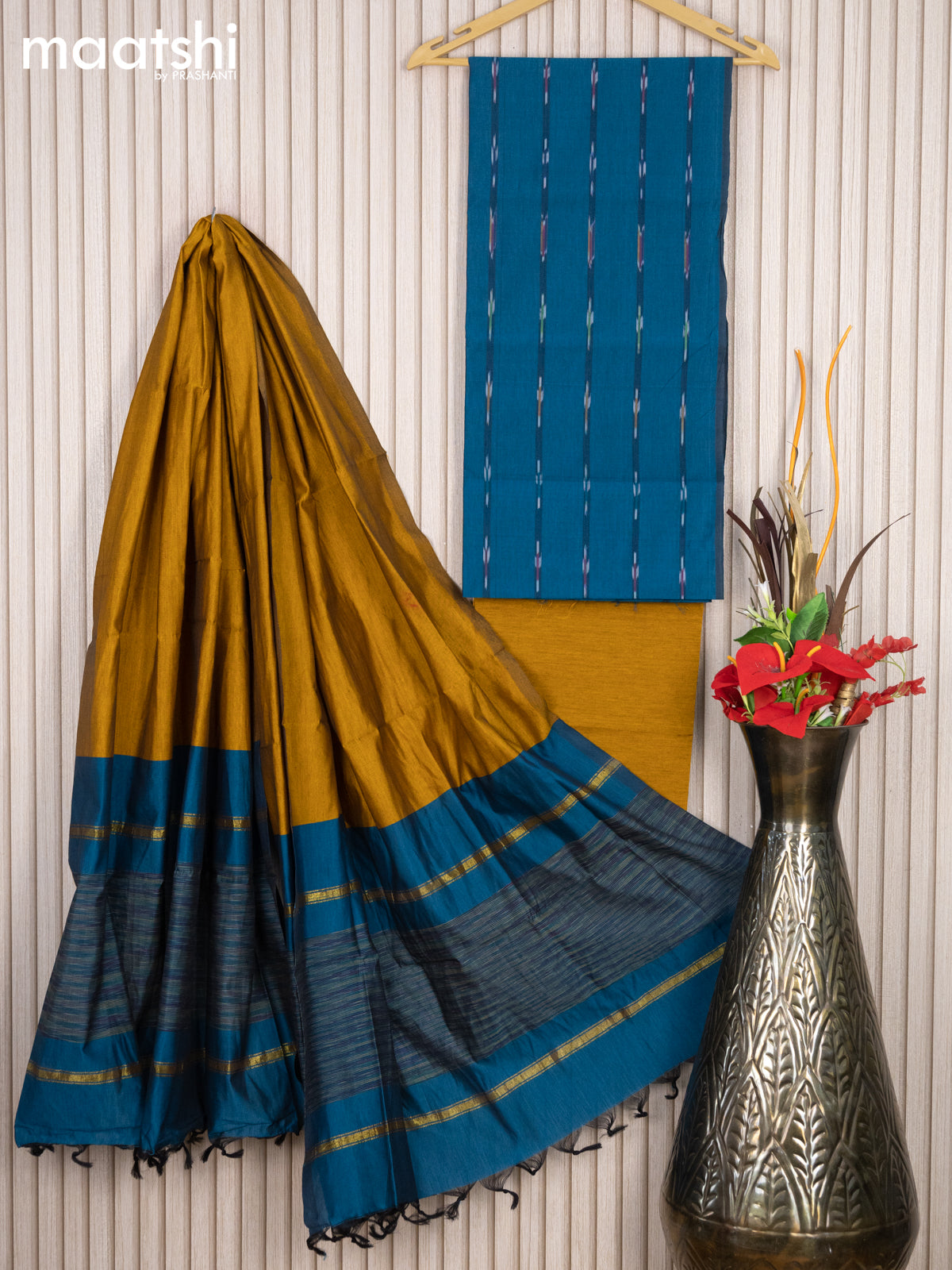 Ikat cotton dress material peacock blue and dark mustard with allover ikat weaves and bottom & dupatta