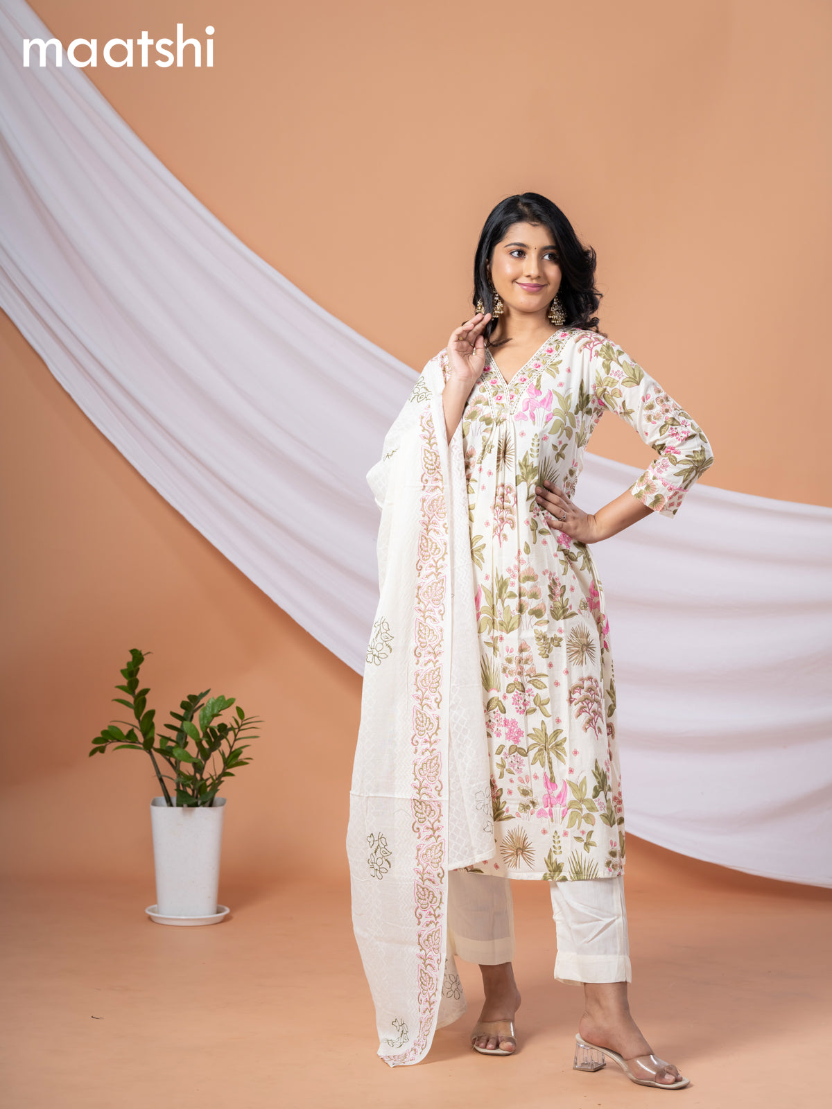 Cotton readymade anarkali salwar suit cream and pink green with allover floral prints & embroidery beaded work v neck pattern and bottom & cotton dupatta